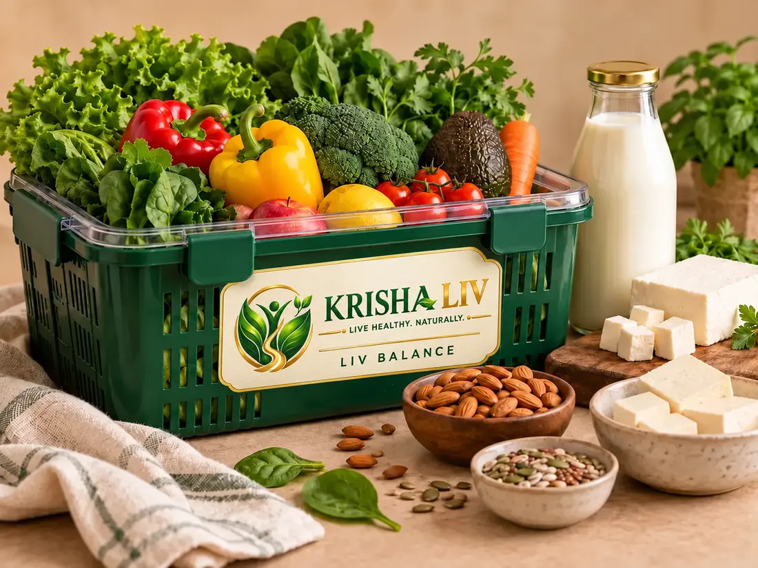 Illustrative KRISHA LIV LIV Balance basket containing adds exotic vegetables and fruits, milk products and plant-based pantry choices to the liv care range.