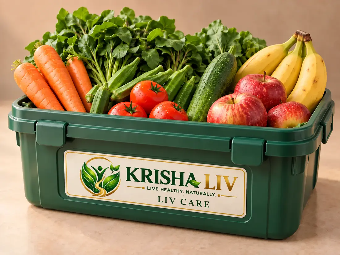 Illustrative KRISHA LIV LIV Care basket containing vegetables, fruits and leafy vegetables, selected to make everyday meals more varied.