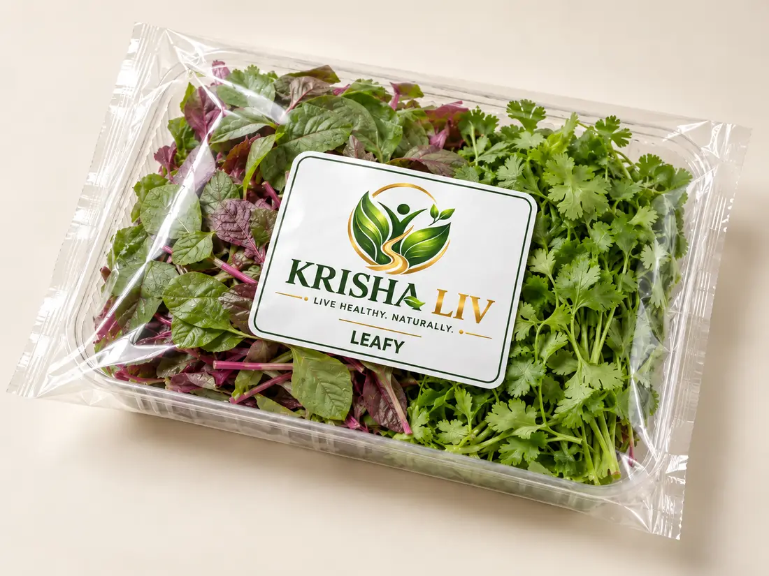 KRISHA LIV cut leafy vegetables packaging concept in transparent sealed tray and pouch