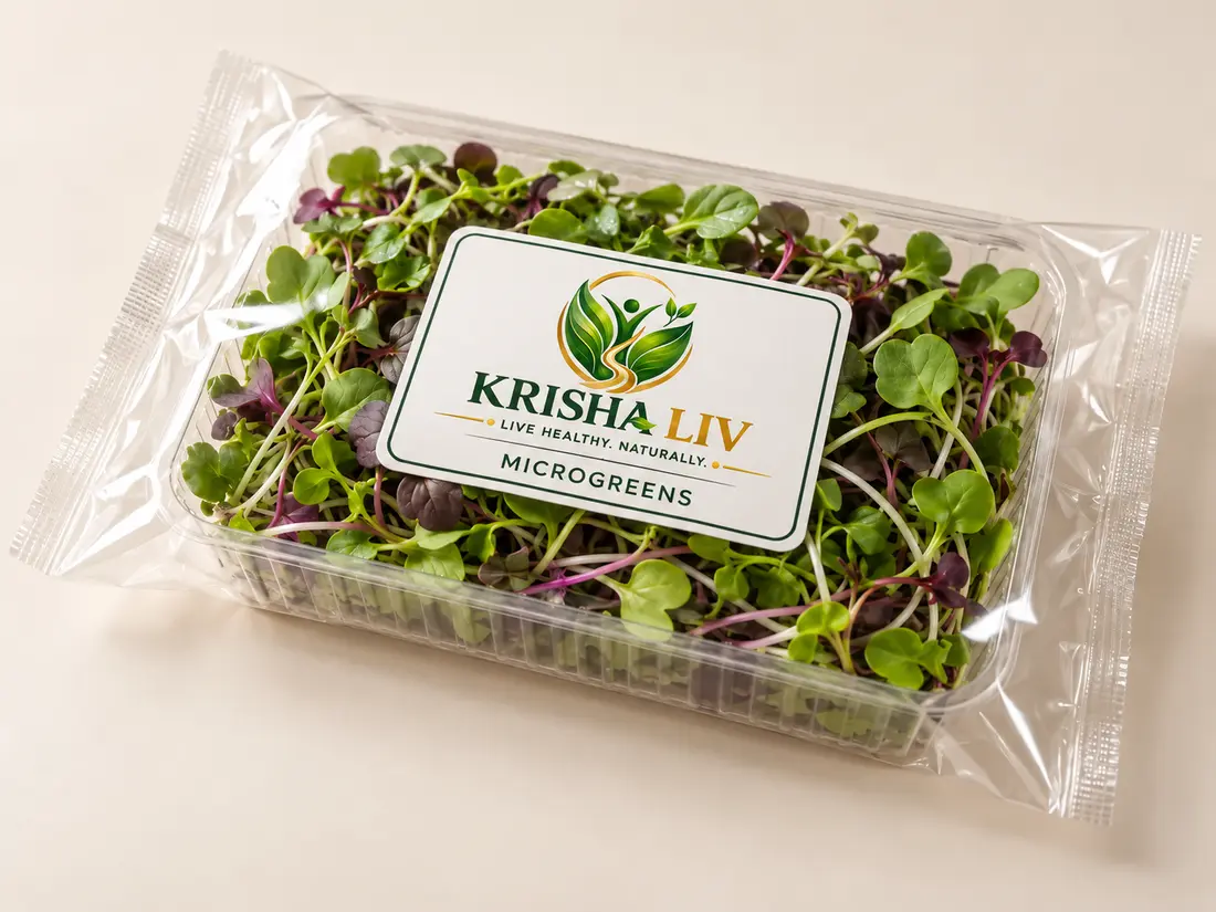 KRISHA LIV microgreens packaging concept in transparent sealed tray and pouch